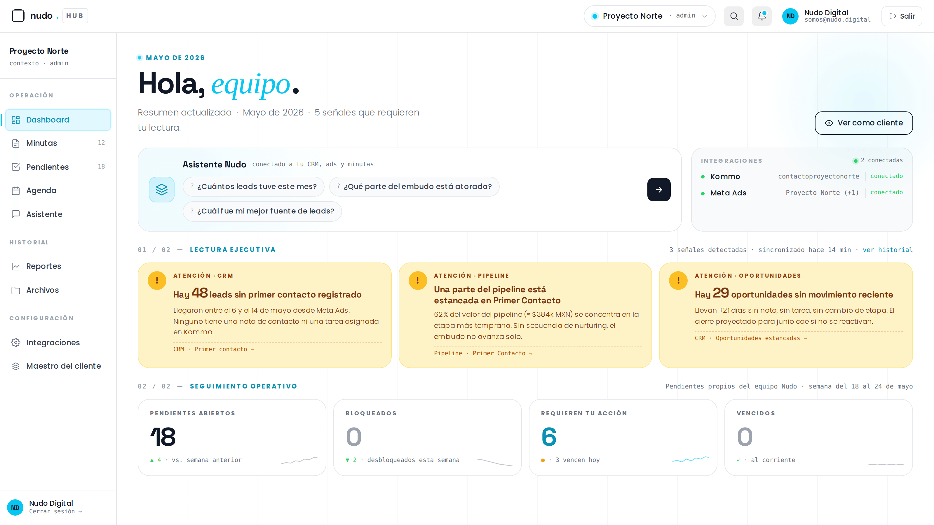Dashboard ClientHub — pipeline de proyectos activos y campañas en curso de Nudo.digital