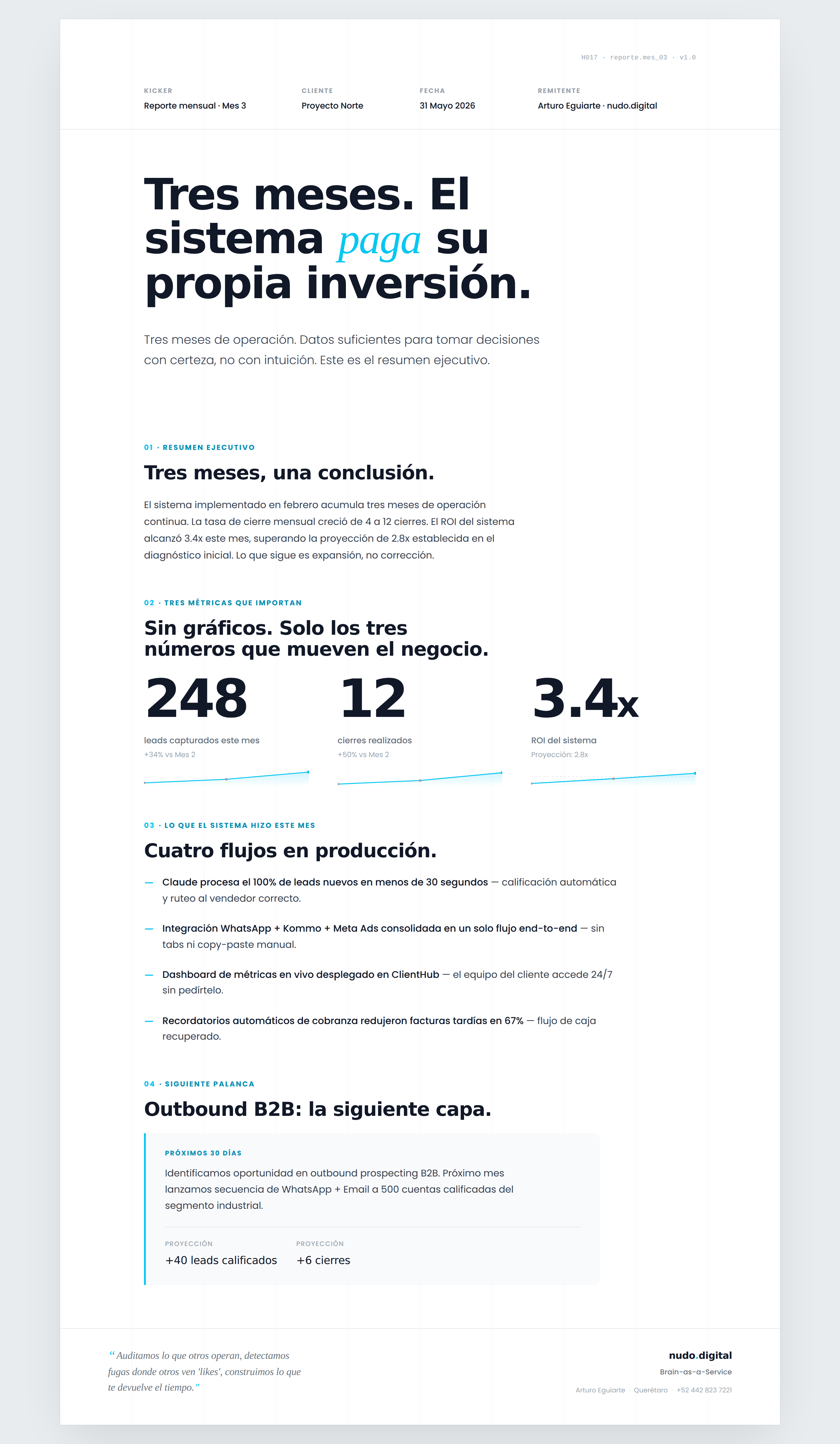 Reporte mensual editorial entregado al cliente — métricas clave y siguiente paso