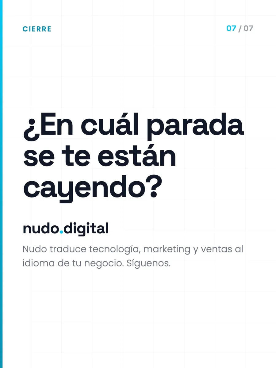¿En cuál parada se te están cayendo? · Nudo traduce tecnología, marketing y ventas al idioma de tu negocio.