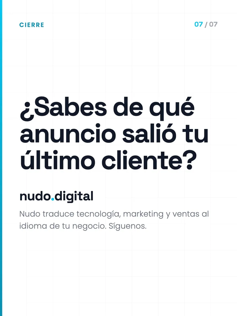 ¿Sabes de qué anuncio salió tu último cliente? · Nudo traduce tecnología, marketing y ventas al idioma de tu negocio.